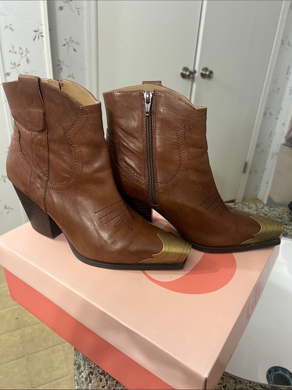 GB girls Brown Ankle Western Booties with Gold Toe Caps